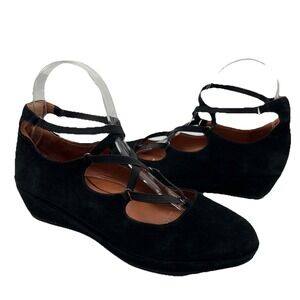 L'Amour Des Pieds Shoes 7.5 Benham Lace Up Low Wedge Flats in Blue Suede Leather